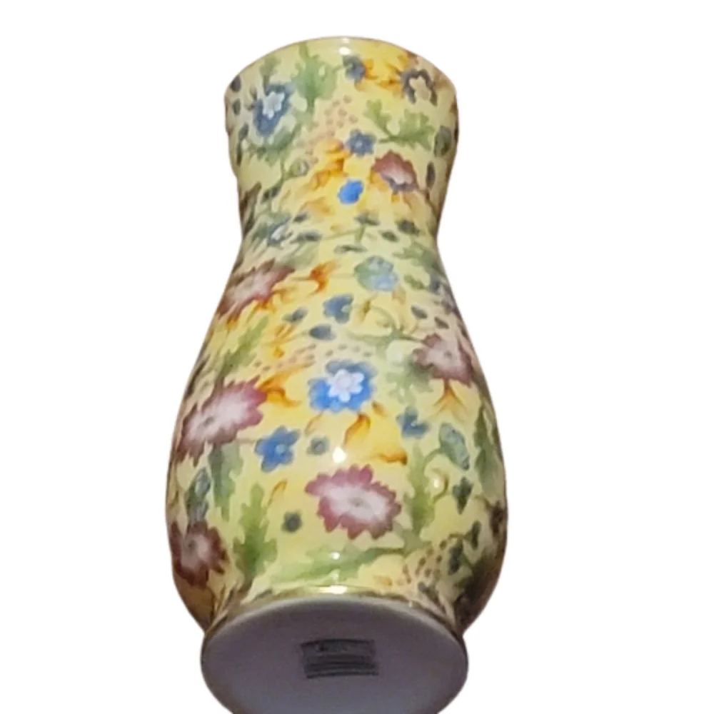 Two’s Company 5.5” FLORAL CHINTZ Bud Vase With Gold Rim yellow blue pink green